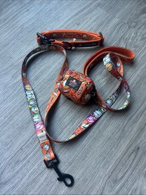 Garfield x Sassy Woof 3 piece dog walk set Collar Fabric Leash Waste Bag Holder